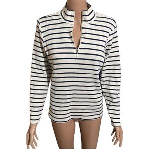 L.L. Bean Nautical Striped Long Sleeve Top 1/4 Zipper White Navy Blue Cotton